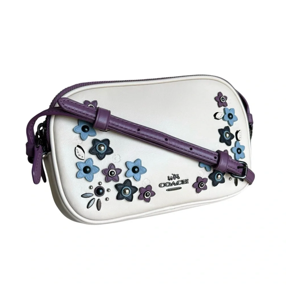 Coach Floral Appliqué Crossbody Bag Off White Purple Leather